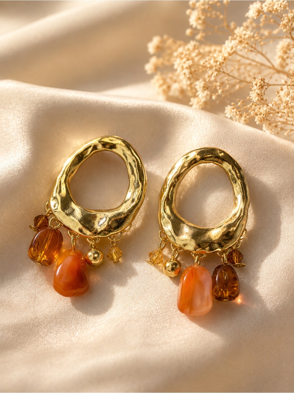 Anthropologie Gold Hoop Earrings with Orange Bead Drops - Picture 3 of 4
